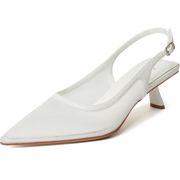 Mostrin Kitten Heel  White Mesh Low Slingback Heels with Buckle Dress Shoes - Picture 1 of 9